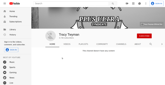 Tracy still had 3736 followers, but by 19 July 2019, the contents of her YouTube channel had been removed.