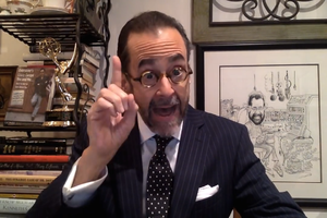 Lionel with open mouth smile, exclaim pointing up, vlogging from home in front of his Emmy and book on a bookshelf and a frame caricature of Lionel at a talk radio station - a screen grab @15m00s from his YouTube video z7rUS5HngMI - Lionel Nation 'Anthony Weiner Send the Sick Perv to Prison' (2016-09-22)