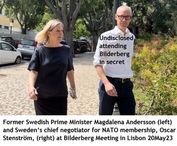 Magdalena Andersson with off list visitor Oscar Stenström at the 2023 Bilderberg on 20 May.jpg