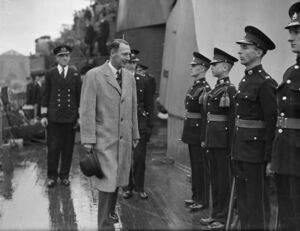 Governor Presents a Plaque To HMS Bermuda. 22 April 1943, Devonport, Ceremony on Board HMS Bermuda When Lord Knollys Governor of Bermuda, Visited the Ship To Present a Plaque. A16077.jpg